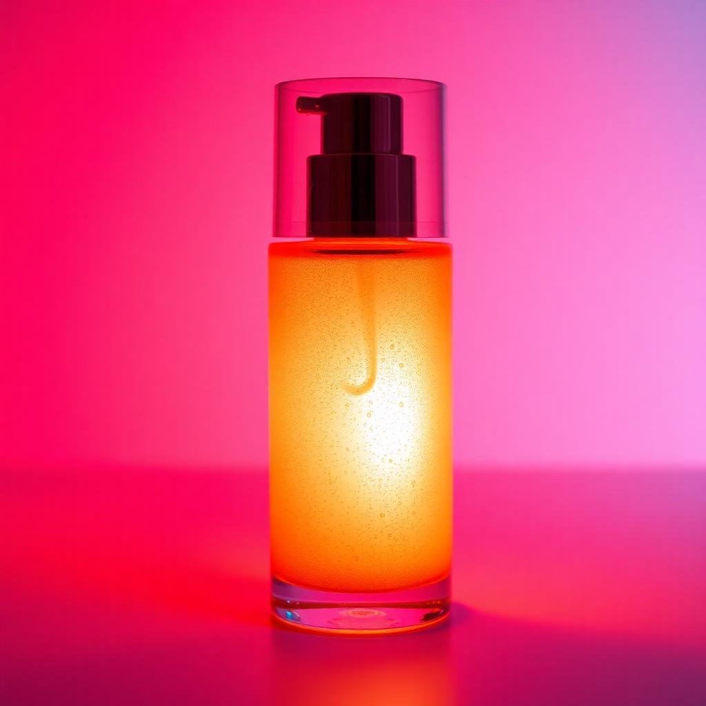 Glowing skincare serum bottle on a colorful gradient background