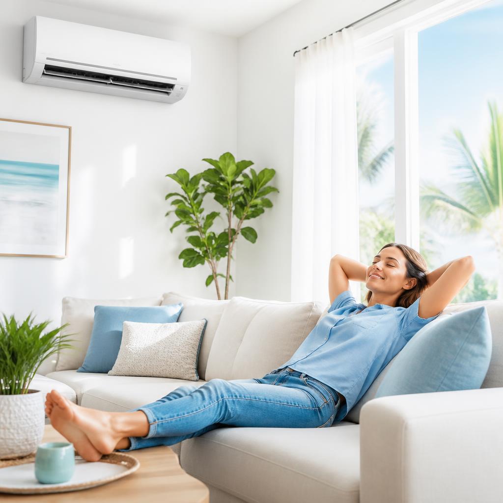 Homeowner relaxing in a bright cool living room